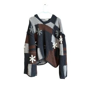 POL Sweater Womens Medium Multicolor Hooded Daisy Patchwork Open Knit Boho